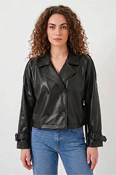 ALFA AKSESUAR 03 Women's Classic Collar Belted Double Button Black Jacket