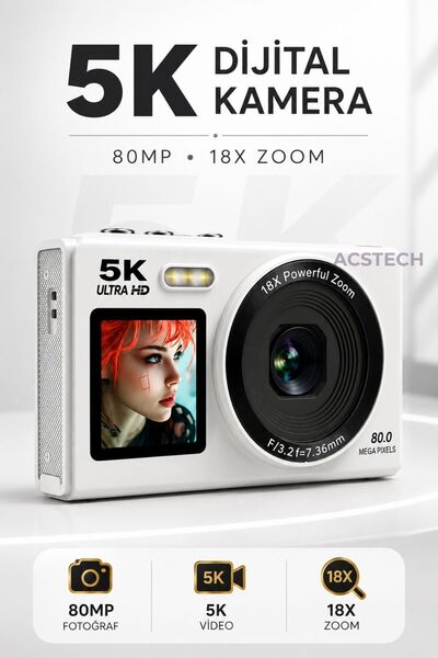 ACSTECH 5K Çift Ekranlı Dijital Fotoğraf Makinesi | 80MP | 18X Zoom | 32GB Ha...