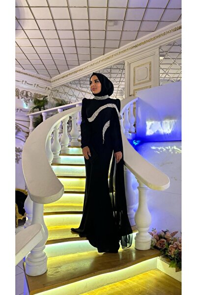 Bess Store فستان سهرة إسلامي مزين بالأحجار مع ذيل وعباءة