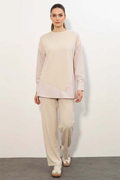 ALFA AKSESUAR 03 Women's Round Neck Striped Beige Set