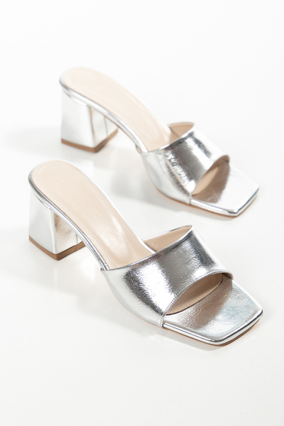 derim shoes Women's Silver Color Short Heeled Slippers Pointed Toe Stylish Da...