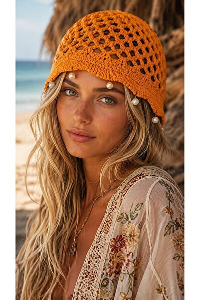 MARBERRY Orange Hand Knitted Pearl Bead Detailed Mesh Hat Beanie