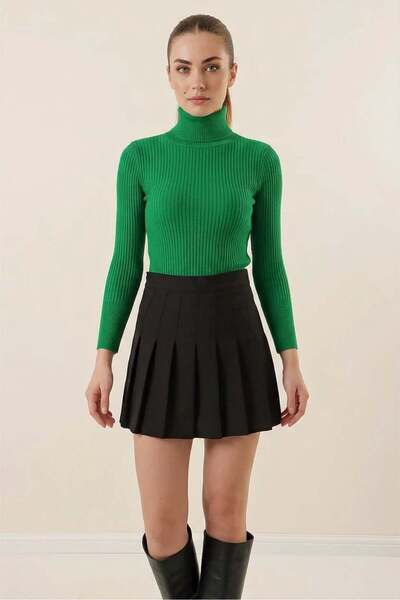 Generic Brand Women's Turtleneck Plain Cut Knitwear Dark Green Sweater