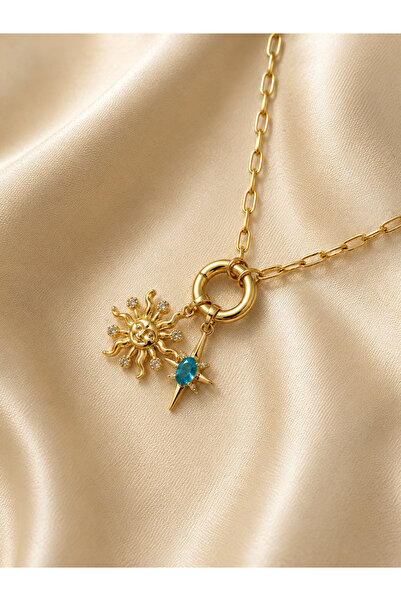 Tuysa Jewelry Soleil Mavi Taşlı Güneş Charm Kolye