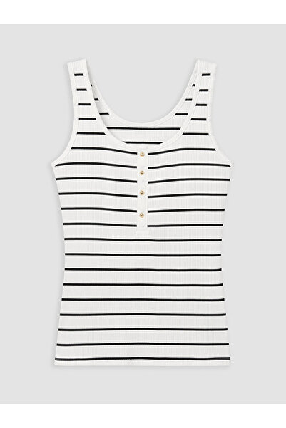 LC Waikiki Ecru U-Neck Striped Women's Ribbed Tank Top