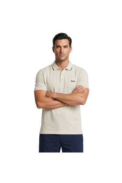 BOSS Erkek Normal Kesim Pamuklu Nem Emici Kumaş Kısa Kollu Bej Polo Yaka T-Shirt