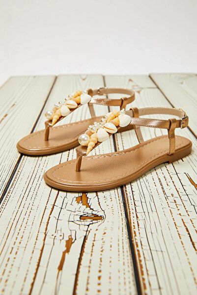 BENERLY Flip-flops de damă, cu accesorii din scoici și perle, cu talpă plată,...