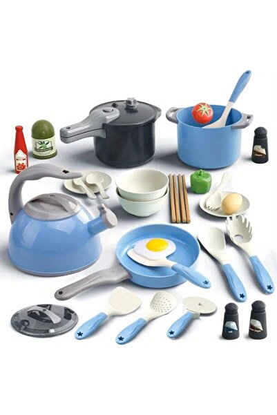 MalPlay Set 32 obiecte si ustensile de bucatarie pentru copii Blue, cu oale, ...