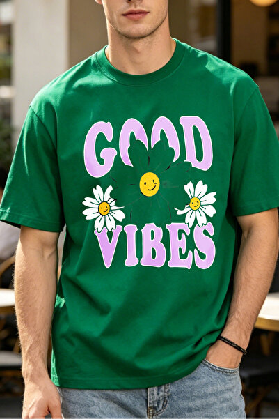 Fleck تي شيرتات كاجوال للرجال بتصميم Good Vibes مع زهور ديزي ووجه مبتسم، تي ش...