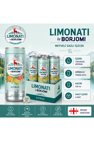 borjomi Limonati Citrus Turunçgil Aromalı Limonata Teneke Kutu 330 ml x 4