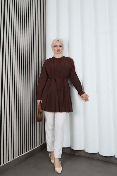 HNT Hayrunnisa Tesettür Hakim Collar Pleated Detailed Buttoned Tunic Brown Hn...