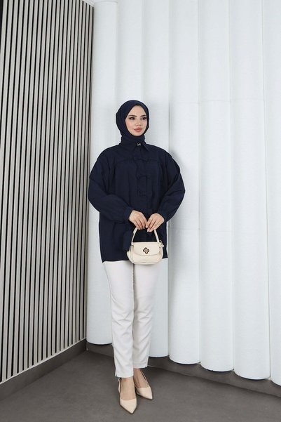 HNT Hayrunnisa Tesettür Bow Detailed Gathered Balloon Sleeve Tunic Navy Blue Hnt2128
