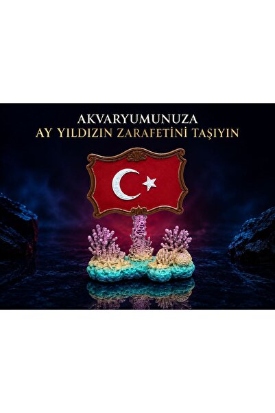 muyucraft Türk Bayrağı Temalı Akvaryum Dekoru Ay Yıldızlı Mercan Tasarımlı Süs
