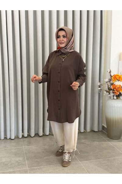 Tığ Triko OVERSİZE TENCEL GÖMLEK KAHVE