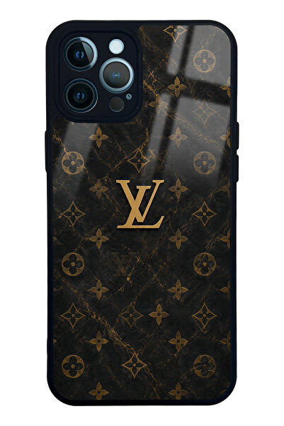 Spoyi iPhone 12 Pro Max Black Mermer Gold LV Tasarımlı Glossy Telefon Kılıfı