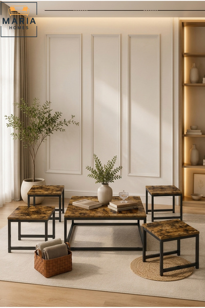 Maria Home Modern Center Table set – Wooden Top with Metal Base, Living Room ...