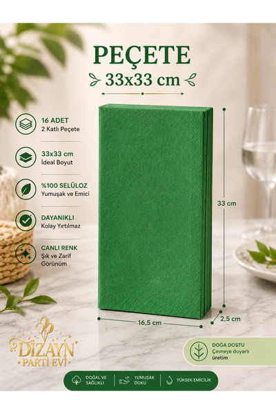 Dizayn Parti Evi Düz Renk 2 Katlı Peçete 33x33 cm 16 Adet Mavi Turuncu Sarı Y...