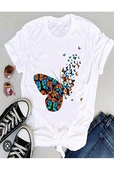 COZYWEAR Colorful Butterfly Printed White T-Shirt