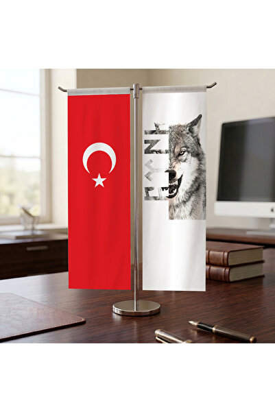 puntodizayn Göktürkçe "Türk" Bozkurt ve Türk Bayrağı Kırlangıç T tipi Masa Ba...