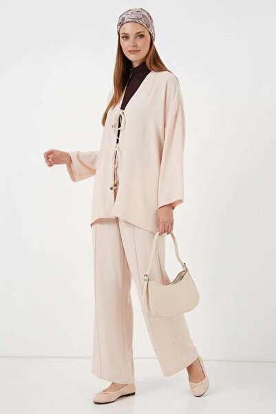 ALFA AKSESUAR 03 Women's V-Neck Lace-Up Cream Double Set