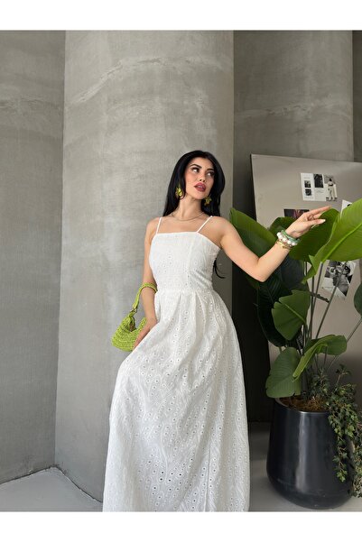 D'RECCY Women's Square Neck Thin Strap Scallop Embroidered Maxi Dress