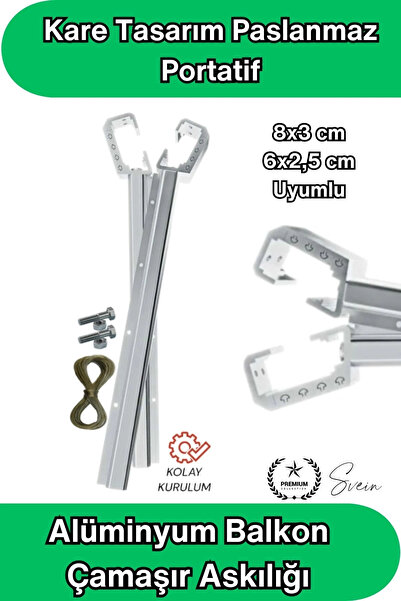 Svein 8x3 ve 6x2.5 cm Uyumlu Alüminyum Balkon Çamaşır Askılığı Takılabilir Kü...