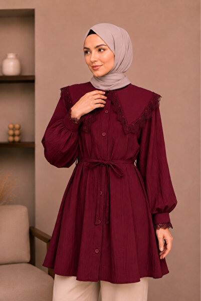 SADEL Beli Bağlamalı Yakası Fistolu Tunik - Bordo