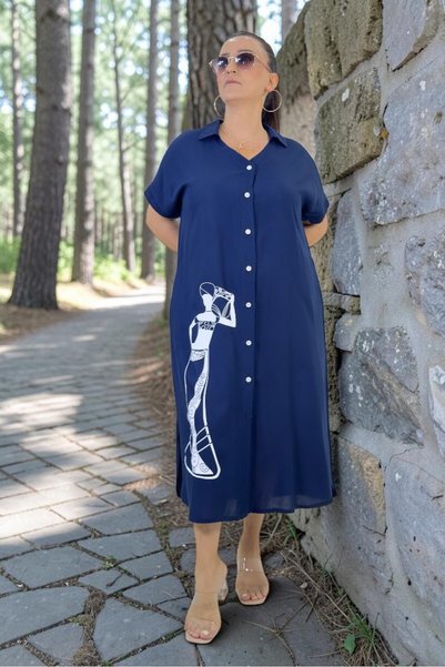 yagmurberen Shirt Collar Double Pocket Front Buttoned Human Figure Printed Plus Size Viscose Dress
