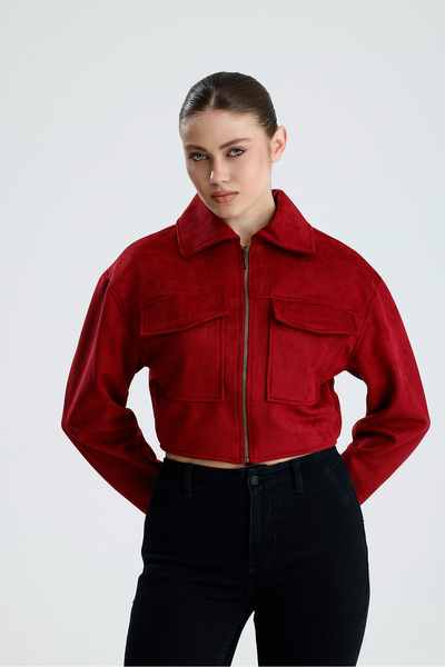 Sense Suede Look Jacket with Pocket Detail |   Mnt36667 Claret Red