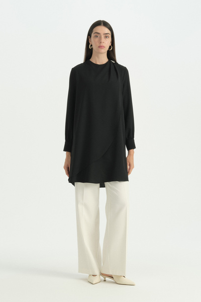 Nihan Asymmetrical Patterned Brooch Tunic - Black