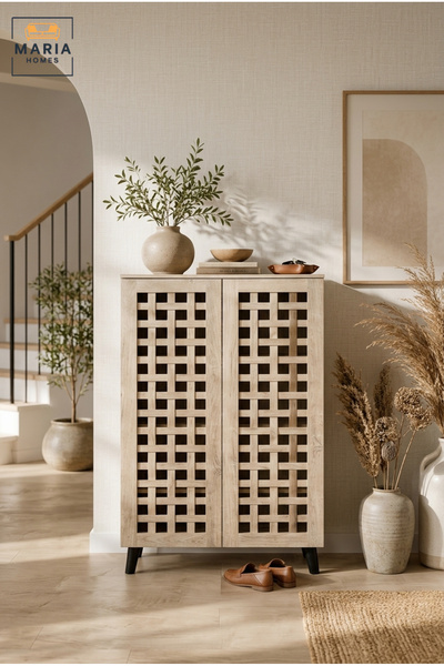 MARIA HOMES Modern Oak Storage Cabinet with Geometric Lattice Doors and Scand...