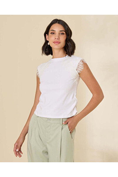 REDTAG Women White T-shirt With Delicate Lace Detailing