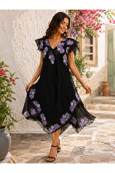 han collection tülbent elbise %100 pamuk siyah çiçekli