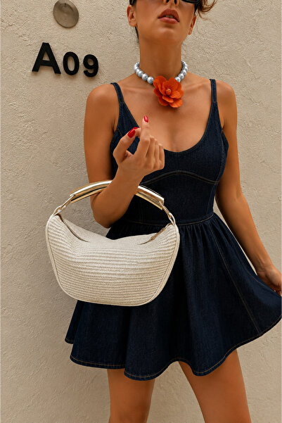 Adox Çanta Ri̇ley Wicker Cream Women's Hand and Shoulder Bag