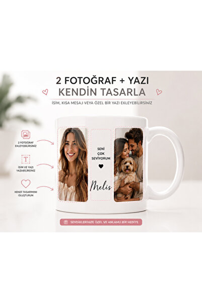 Bizle Tasarla Kendin Tasarla Kişiye Özel Kahve Kupa Bardak , 2 Fotoğraf + İsi...