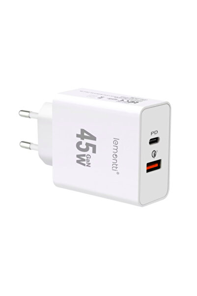 lemontti Încărcător de perete rapid GaN de 45W, USB-C PD + USB-A QC 3.0, Alb