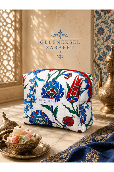 ŞİRİN İŞLER SHOP Lale Çini Desenli Makyaj Çantası Büyük Boy | Çok Amaçlı Düze...
