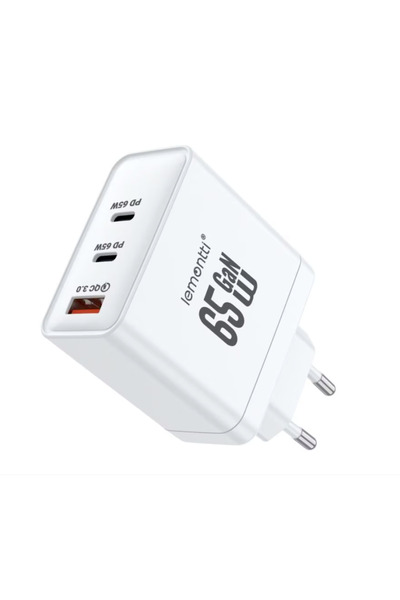 lemontti Încărcător de perete GaN de 65W, 2x USB-C + 1x USB-A, Ștecher UE, Alb