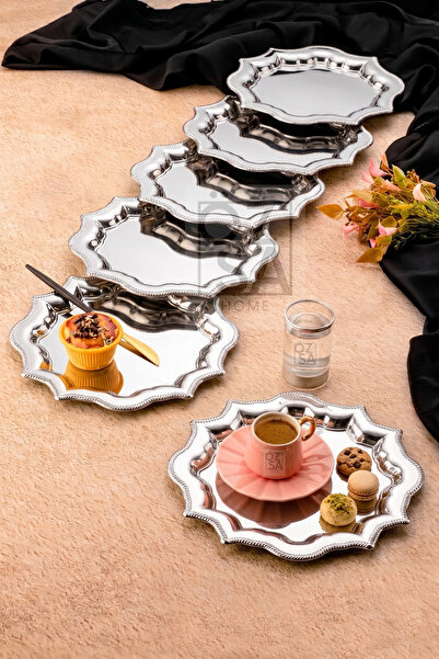 ÖzSa Home Star Lüx 6 Pieces 25 cm Stainless Steel Silver Color Tray Decorativ...