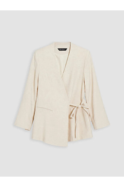 LC Waikiki Ecru double-breasted collar linen blend tie-up women's jacket