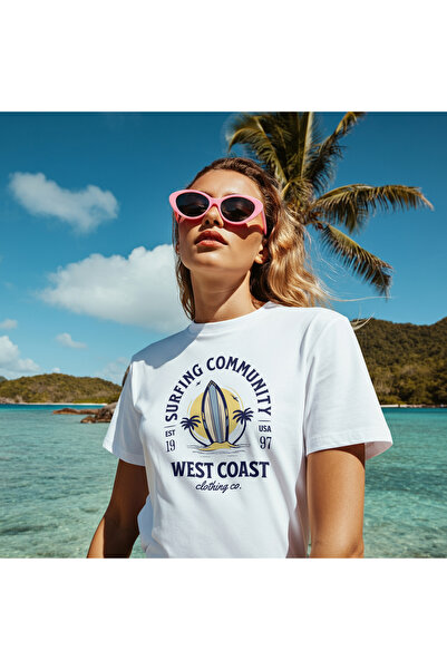 MAGORS تي شيرت Weest Coast مطبوع كبير الحجم من القطن برقبة دائرية للنساء والرجال
