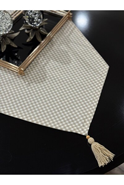 Benefse Runner Tablecloth Plaid Fabric Tasseled Cream Brown 40X100 cm
