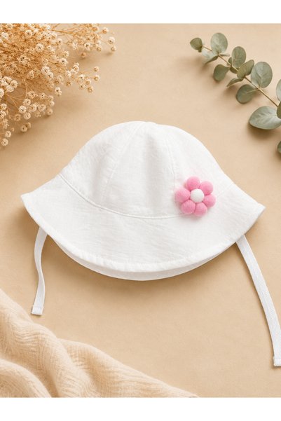 Minimissbaby Flameli Muslin White Baby Girl Children's Design Daisy Detailed Hat Trilby
