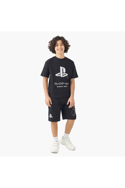 Playstation Crew Neck Short Sleeves T-shirt and Shorts Set with Logo Print