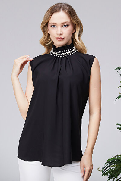 sehatex Women's Hakim Collar Stone and Pearl Detailed Sleeveless Blouse Sıfır...