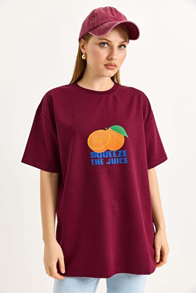 Raneel Kazançlı Alışveriş Oversize front and back printed t-shirt burgundy