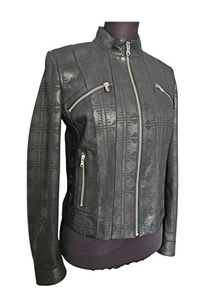asus deri Genuine Leather Self-Patterned Stand Collar Women's Jacket