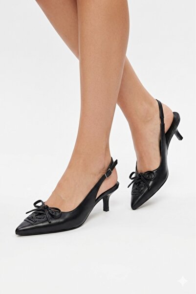 nhtshoes Black Leather Pointed Toe Low Heel Open Back Ribbon Shoes