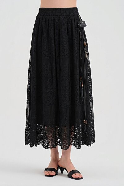 tw3 Women's Lace Fabric Accessory Detailed Lined Design Long Skirt