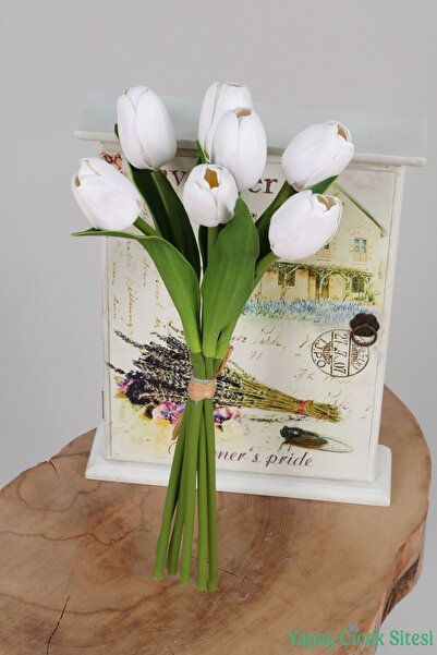Yapay Çiçek Sitesi Premium Wet Tulip Bouquet 7 Pieces 33 cm White